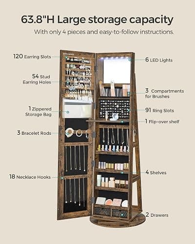 SONGMICS 6 LEDs Lockable Mirror Jewelry Cabinet, 360° Swivel Jewelry Organizer Armoire Standing, Frameless Full-Length Mirror, 3 Storage Shelves, Christmas Gifts, Rustic Brown and Black UJJC007X01 thumbnail 5