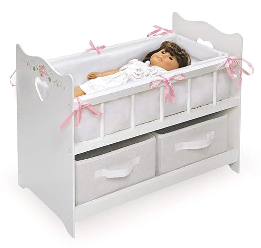 Badger Basket Wooden Doll Bed with Bed Liner, Pillows and Two Storage Baskets - Fits 18" Dolls - Ideal for Pretend Play and Baby Doll Fun - White/Rose Design with Free Personalization Kit thumbnail 5