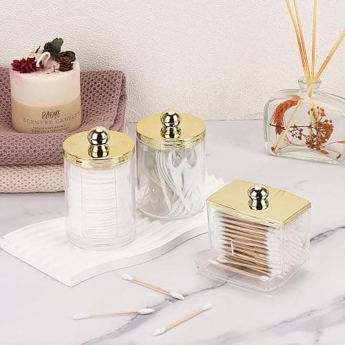 Tbestmax 3 Pack Qtips Dispenser - Bathroom Organizers and Storage Containers, Plastic Apothecary Jars with Gold Lids for Cotton Ball Swab Round Pads, Floss - Gold thumbnail 2