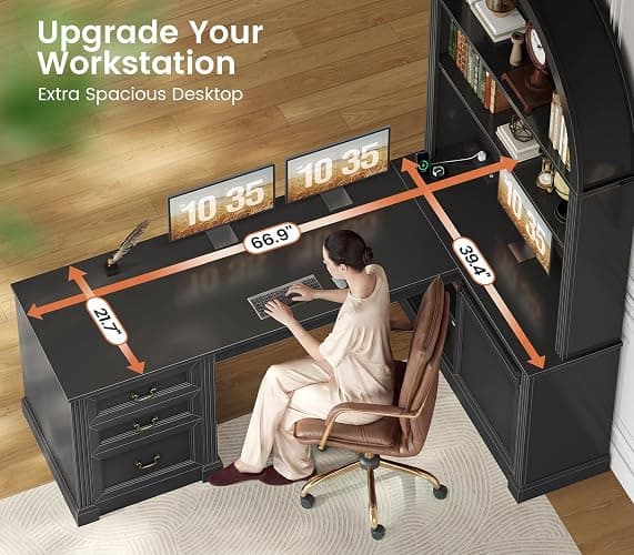 SEDETA 67" L Shaped Desk with Tall Arched Bookshelf & 3 Drawers Storage | Black Mid-Century Office Computer Desk with Hutch Shelves, Corner Executive Desk with Sliding Barn Door for Home Office thumbnail 6