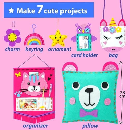 KRAFUN My First Sewing Kit for Beginner Kids Arts & Crafts, 7 Easy DIY Projects of Stuffed Animal Dolls and Plush Pillow Craft, Instructions & Felt, Gift for Girls, Boys, Learn to Sew, Embroidery thumbnail 2