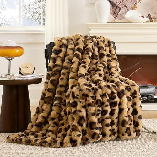 Cozy Bliss Cheetah Leopard Print Faux Fur Throw for Couch, Fuzzy Soft Plush Thick Bubble Blanket for Sofa Bedroom Living Room, 50x60 Inches Brown thumbnail 2