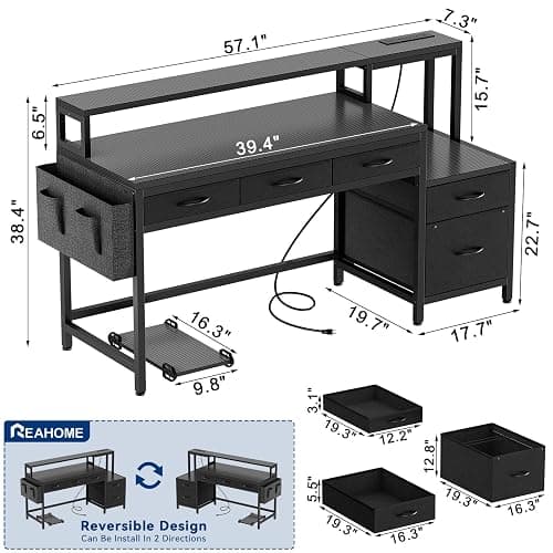 REAHOME 61 Inch Gaming Desk with Charging Station and LED Lights, Reversible Computer Desk with Storage Drawer and Monitor Stand, Modern Desk Table with File Cabinet & Side Pocket, Carbon Fiber Black thumbnail 3