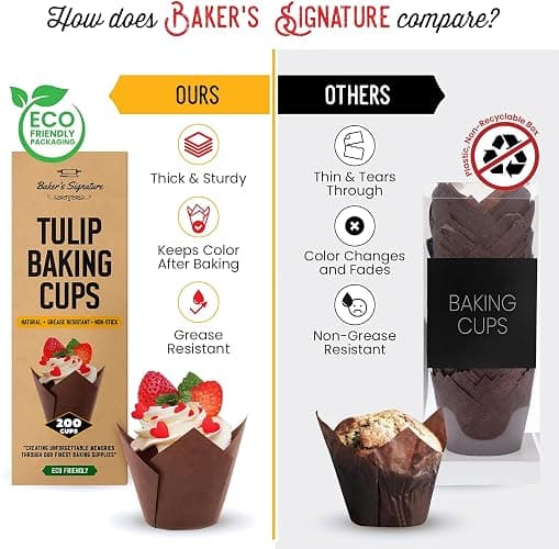 Tulip Cupcake Liners, Muffin Liners for Baking by Baker’s Signature 200pcs of Parchment Paper Cups Cupcake Wrappers – Perfect Size, Sturdy, Greaseproof & Easy to Use – Beige White Brown thumbnail 5