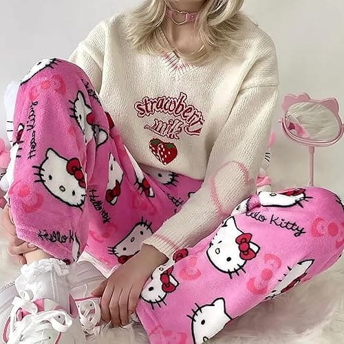 Cute Cartoon Pajama Pants for Women, Kawaii Anime Cat Pjs Christmas Pajama Pants Fluffy Flannel Sleep Bottoms - Rose Red Cat - Medium thumbnail 5