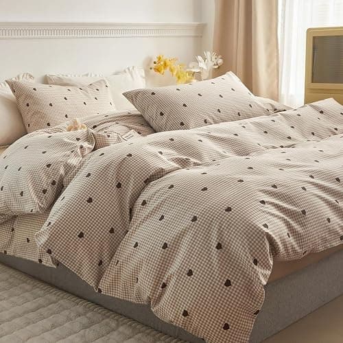 Freyamy Housse de Couette 200x200cm+2 Taie d'oreiller 65x65cm Coeur Plaid Kaki Marron Parure de lit 2 Personnes Adulte Motif du Cœur Sets de Housse Couette en Microfibre avec Fermeture Éclair thumbnail 2