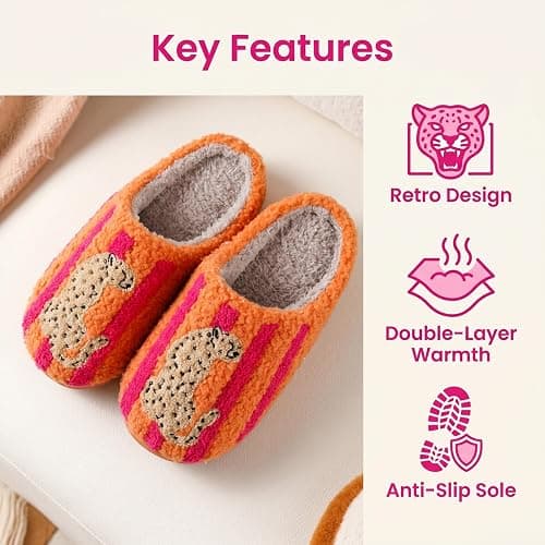 POISPOIS Fuzzy Leopard Print House Slippers for Women, Cozy Striped Warm Indoor Slippers, Soft Memory Foam Closed Toe Non-Slip Slippers for Home Bedroom thumbnail 4