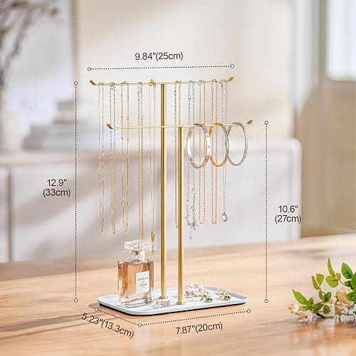 Jewelry Organizer Stand Necklace Holder – 2‑Tier T‑Bar Jewelry Display Tree with Tray for Countertop Necklace Bracelet Earring Storage, Vanity Dresser Bathroom Sink, Gold thumbnail 3