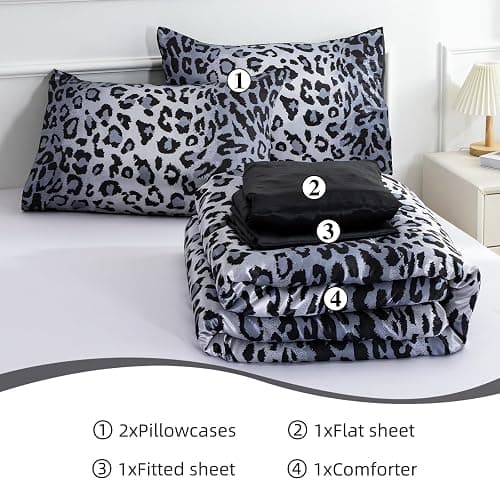 A Nice Night Leopard Printed，Silver Grey Satin Silky Soft Quilt Sexy Luxury Super Soft Microfiber Comforter Quilt Bedding 5PCS Comforter Set, Light Weighted (Silver, Queen(88-by-88-inches)) thumbnail 8