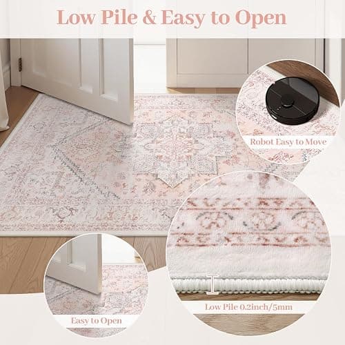 LIVEBOX Area Rug Pink 4x6 - Oriental Floral Bedroom Rug Vintage Low-Pile Indoor Rugs for Kids Room, Non-Shedding Retro Carpet, Accent Rugs for Kitchen Entryway Office Camper Pink thumbnail 3