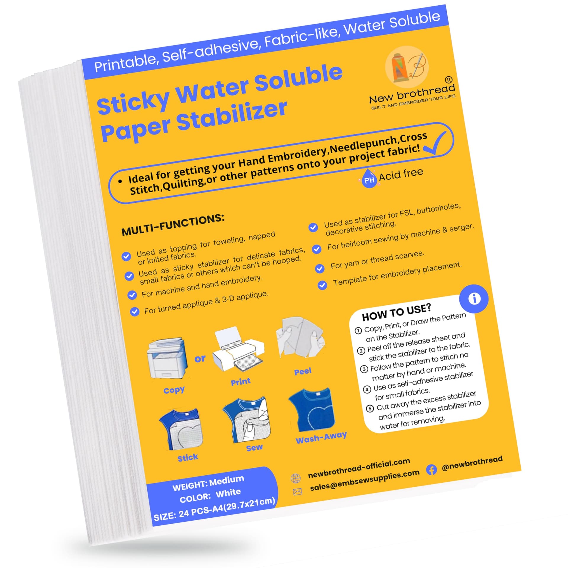 New brothread 24PCS A4 Sticky Water Soluble Embroidery Stabilizer Printable Paper Stabilizer - Medium Weight - Allowed for Print or Draw Patterns Best for Hand & Machine Embroidery - A4x24PCS - Image 1