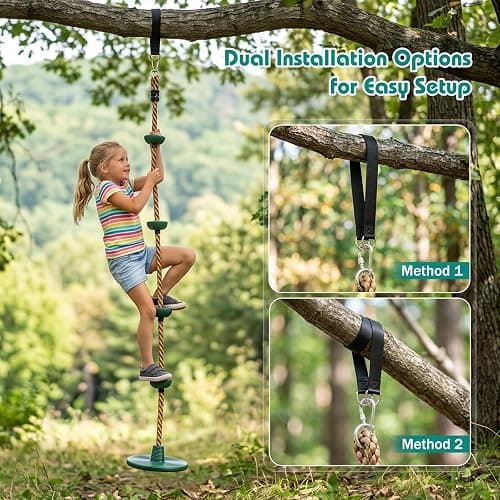 Lustriix Tree Swing 330LB, Rope & Platform Set with Carabiner, Green | Climbing rope, disc seat, hanging strap, non-slip. 330LB capacity. Backyard, garden, tree house. Gift for kids. thumbnail 9