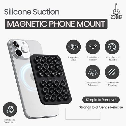Sucky Magnetic Silicone Suction Phone Grip Mount – Strong Magnetic & Sticky Phone Grip for Mirrors, Windows, & Gym – Hands-Free Holder for Selfies & Tiktok – for iPhone & Android (Black) thumbnail 3