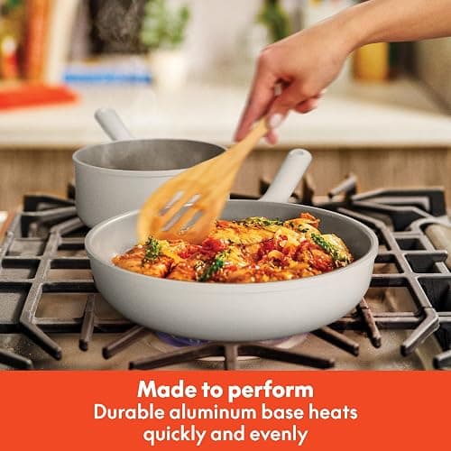 bella 7 Piece Cookware Set with EverGood™ Ceramic Nonstick Coating​, Dishwasher Safe Oven Safe, All Stovetops Compatible, Glass Lids with Silicone Rims, Cool Touch Handles, Oatmilk thumbnail 5