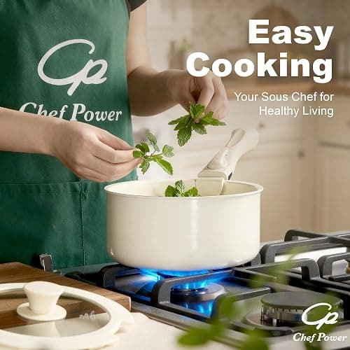 Chef Power Ceramic Cookware Set Non Toxic with Detachable Handles, Healthy Nonstick Pans and Pots Set 19 Pcs, Induction Dishwasher Oven Safe Kitchen Set, PFAS PFOA & PTFE Free, Cream White thumbnail 6
