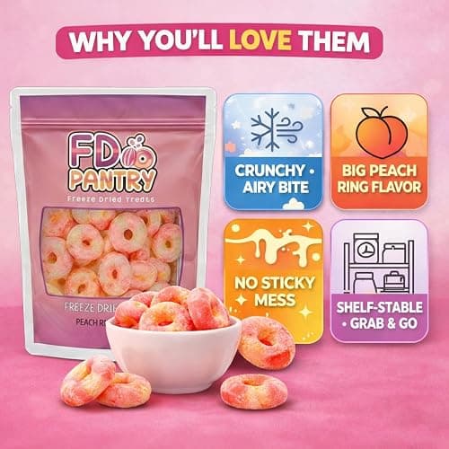 Freeze Dried Peach Rings Candy - Crunchy & Sweet, Large 7 oz Resealable Bag for Freshness, Gift & Snack - Large bag Freeze-Dried Gummy Candies thumbnail 4