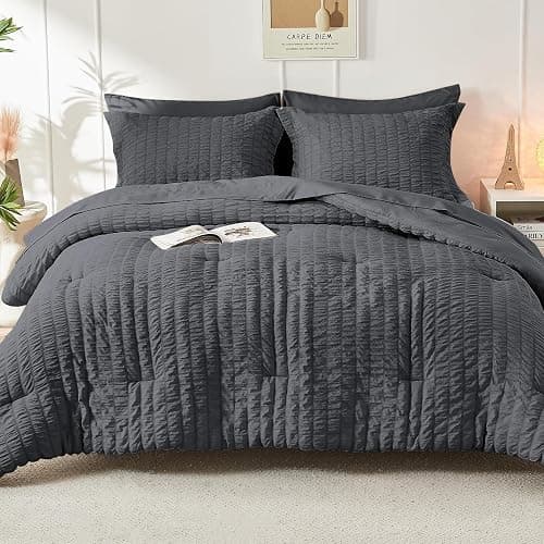 HYMOKEGE Full Size Comforter Sets Seersucker 7 Pieces, All Season Luxury Bed in a Bag for Bedroom, Bedding Set with Comforters, Sheets, Pillowcases & Shams, Dark Grey thumbnail 9
