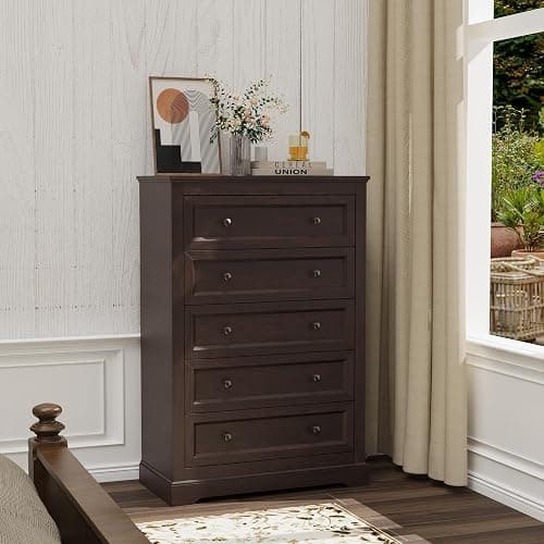 LOUVIXA Farmhouse Bedroom Sets of 4, Including 9 Drawer Dresser, 5 Drawer Dressers and Nightstand Set of 2 with Charging Station (Brown Sets, 4 Pieces) thumbnail 5