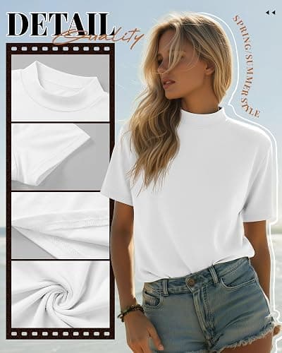 Ficerd 3 Pack Women's Mock Neck Shirts Short Sleeve Tops | Ladies Turtleneck Business T-Shirts, Slim Fit Tees, Dressy Basic Pullovers, Stretch Casual Outfits, Summer Fall Clothes 2026 thumbnail 4