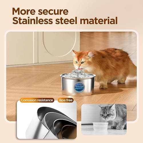 Stainless Steel Cat Water Fountain: 88oz/2.6L Ultra Quiet Pet Fountain with Flower Kitty Spout & LED Blue Light Water Dispenser with Water Level Window for Cats/Dogs Indoor (Silver) - IHOUONE thumbnail 4