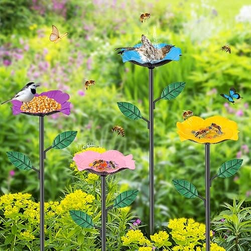 4 Pack Bee Watering Stations, Bee Feeders for Garden with 40PCS Glass Marbles,Colorful Butterfly Bath Bowl Waterer, Metal Butterfly Water Feeder for Outdoor Yard Courtyard Decor (4Pcs) - Image 1