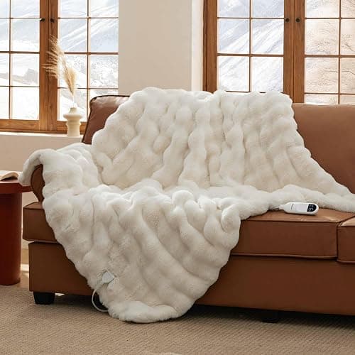 Bedsure Fluffy Bubble Faux Fur Heated Blanket Throw - Super Soft Electric Blanket, Heating with 6 Heating Levels, 4 Time Settings, 3-Hour Auto-Off, Decor Gifts for Home, White, 50x60 inches - Image 1