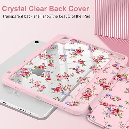 Loyrina Case for iPad (A16) 11th Generation 11 inch 2025 /iPad 10th Gen 10.9 2022- Cute Patterns Light Pink Cover with Clear Back Shell Auto Wake Sleep Trifold Stand & Pencil Holder, Elegant Rose thumbnail 4