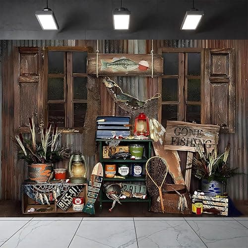 Rustic Wood Gone Fishing Photography Backdrop Fisherman Fishing Gear Background Fish Theme Party Birthday Party Decoration Child Portrait Photo Studio Props (7X5FT) thumbnail 2