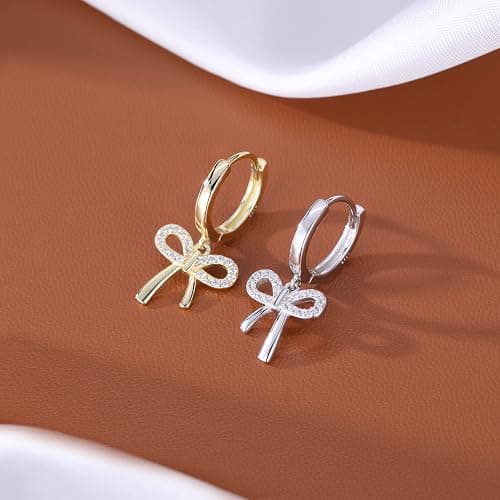 Reffeer Solid 925 Sterling Silver Bow Drop Hoop Earrings for Women Teen Girls Bowknot Hoop Earrings Huggie Ribbon Earrings thumbnail 6