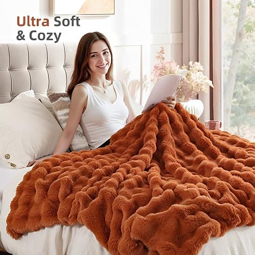 Smoofy Faux Fur Fall Throw Blanket for Couch – Burnt Orange Fluffy Cozy Rabbit Fleece, Plush Soft Bubble Blanket for Sofa & Bed, for Mom, Warm Fuzzy Home Room Decor Throw 60" x 80" thumbnail 4