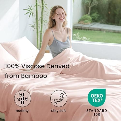 Love's cabin 4 Piece Queen Sheet Set, 100% Rayon Derived from Bamboo, Cooling & Breathable, Soft Silky Deep Pocket up to 16", Hotel Luxury Bedding for Hot Sleepers, Pink thumbnail 2