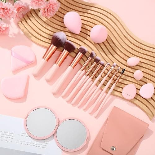 20PCS Travel Makeup Brush Set,10 Pcs Small Makeup Brushes with Mirror,Storage Bag and 8PCS Makeup Sponges for Home,Travel, Party thumbnail 7