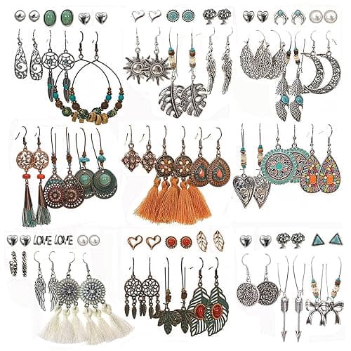 JMScape 45 Pairs Boho Vintage Drop Dangle Earrings Set for Women, Fashion Bohemian Earrings National Style Tassel Eardrop Hollow Bronze Waterdrop Leaf Jewelry for Valentine's Day Gifts - Image 1