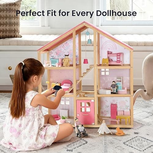 Tiny Land Wooden Dollhouse People Set, 5-Piece Poseable Wooden Doll Family with Dad, Mom, Brother, Sister, Baby and Stroller, Dollhouse Accessories Toy Pretend Play Gift for Kids Ages 3+ thumbnail 8