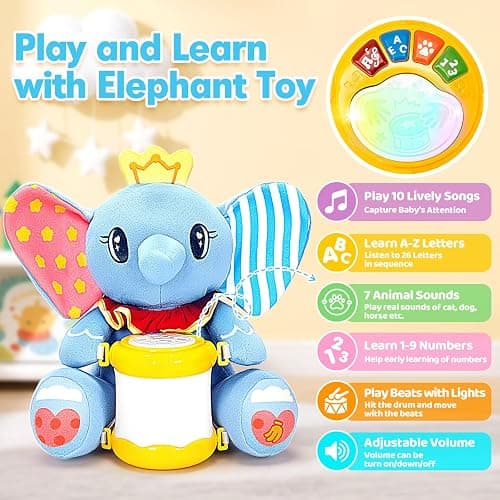 Hodurgyi Baby Toys 6-12 Months, Elephant Musical Plush with Lights, ABCs, Animal Sounds, Numbers, Infant Early Learning Toy,Christmas Birthday Gifts for 6+ Month Boys &Girls thumbnail 2