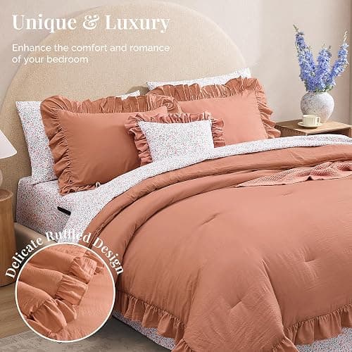 BLOOMHAVEN Queen Comforter Set - 7 Pieces Ruffle Autumn Leaf Bedding Sets, Shabby Chic Farmhouse Bed in a Bag Queen with Ruffle Comforter, Floral Sheets, Pillowcases & Shams thumbnail 5