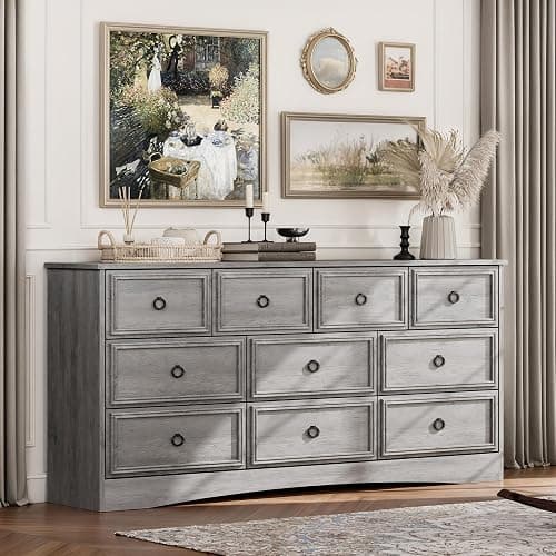 HolliWill Grey 10 Drawer Dresser, 59" Large Dresser for Bedroom, Wood Chests of Drawers with Textured Borders, TV Stand for 70 inch TV, Rustic Storage Dressers Organizer for Bedroom, Hallway thumbnail 4