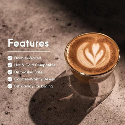 FLUR Latte Glass (Set of 2): For Lattes and Milk Drinks - Makes Latte Art Easier - Double-Walled Borosilicate Glass - Handmade - 7oz (Clear) thumbnail 4
