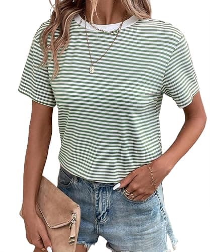 Dsewpaur Women Casual Striped Print Short Sleeve T Shirts Crew Neck Loose Fit Going Out Tee Tops Summer 2026 Clothes - Image 1