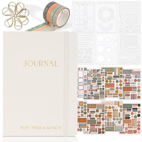 ZICOTO Ultimate All-in-One Journaling Kit - Incl. Journal Notebook With Linen Hardcover and Dotted Pages, Stencils, Stickers, Washi Tapes, Paper Clips and More Bullet Checklist Supplies - Image 1