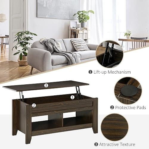 HOMCOM Lift Top Coffee Table with Hidden Storage Compartment and Open Shelves, Lift Tabletop Pop-Up Center Table for Living Room, Dark Walnut thumbnail 6