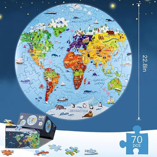 DIGOBAY World Map Jigsaw Puzzle for Kids 4-8, 70 Piece Large Round Floor Puzzles for Kids Ages Toddler Puzzle Globe Geography Games Educational Toys Birthday for Children thumbnail 3