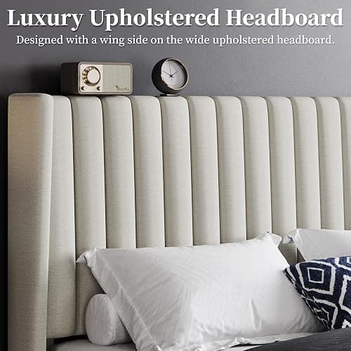 Yaheetech Queen Bed Frame Upholstered Platform Bed with Fabric Headboard, Wing Edge Design/Non-Slip and Noise-Free/Wooden Slats Support/No Box Spring Needed/Easy Assembly, Beige Queen Bed thumbnail 9