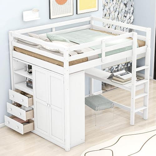 Harper & Bright Designs White Full Size Loft Bed with Desk & Wardrobe, Solid Wood Kids Loft Bedframe w/3 Storage Drawers & 2 Shelves, Maximum Space Design, for Bedroom, Dorm - Image 1