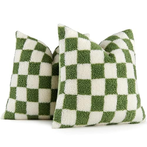 AmHoo Pack of 2 Decorative Throw Pillow Covers Checkerboard Luxury Super Soft Faux Fur Wool Set Case Cushion for Couch Sofa Bedroom 18 x 18-Inch Sage Green - Image 1
