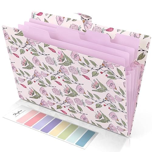 SKYDUE Accordion File Organizer, Floral Expanding File Folders with 5 Pockets, Cute Document Organizer for Paper Bills Receipt Storage, School Office & Hospital Supplies Letter/A4 Size Light Purple - Image 1