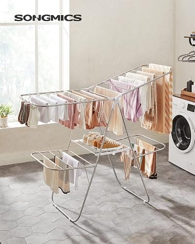 SONGMICS Clothes Drying Rack, Foldable 2-Level Laundry Drying Rack, Free-Standing Laundry Airer, with Height-Adjustable Wings, 33 Drying Rails, Sock Clips, Silver and White ULLR053W01V1 thumbnail 2