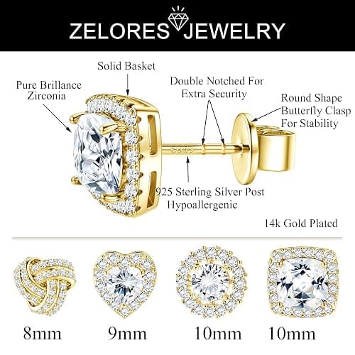 ZELORES 4 Pairs Sterling Silver CZ Stud Earrings for Women 14K Gold Plated Brilliant Celtic Heart Big Stud Earrings Set Cubic Zirconia Earrings Studs for Sensitive Ear thumbnail 4