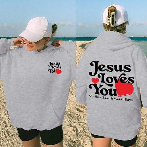 Pairxily Jesus Loves You Christian Hoodie for Women Faith Religious Fleece Sweatshirts God Sayings Long Sleeve Tops Pullover thumbnail 3