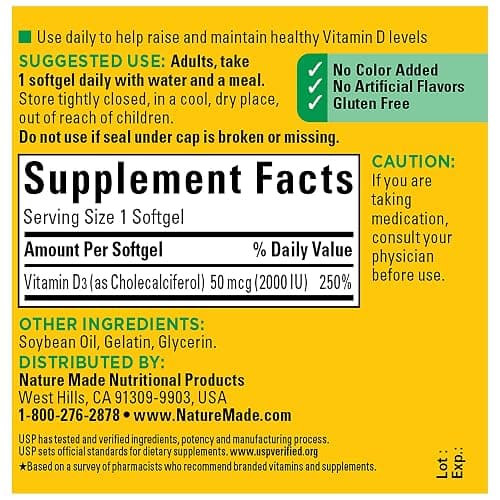 Nature Made Vitamin D3 2000 IU (50 mcg), Vitamin D Supplement for Bone, Teeth, Muscle and Immune Health Support, 90 Softgels, 90 Day Supply thumbnail 4